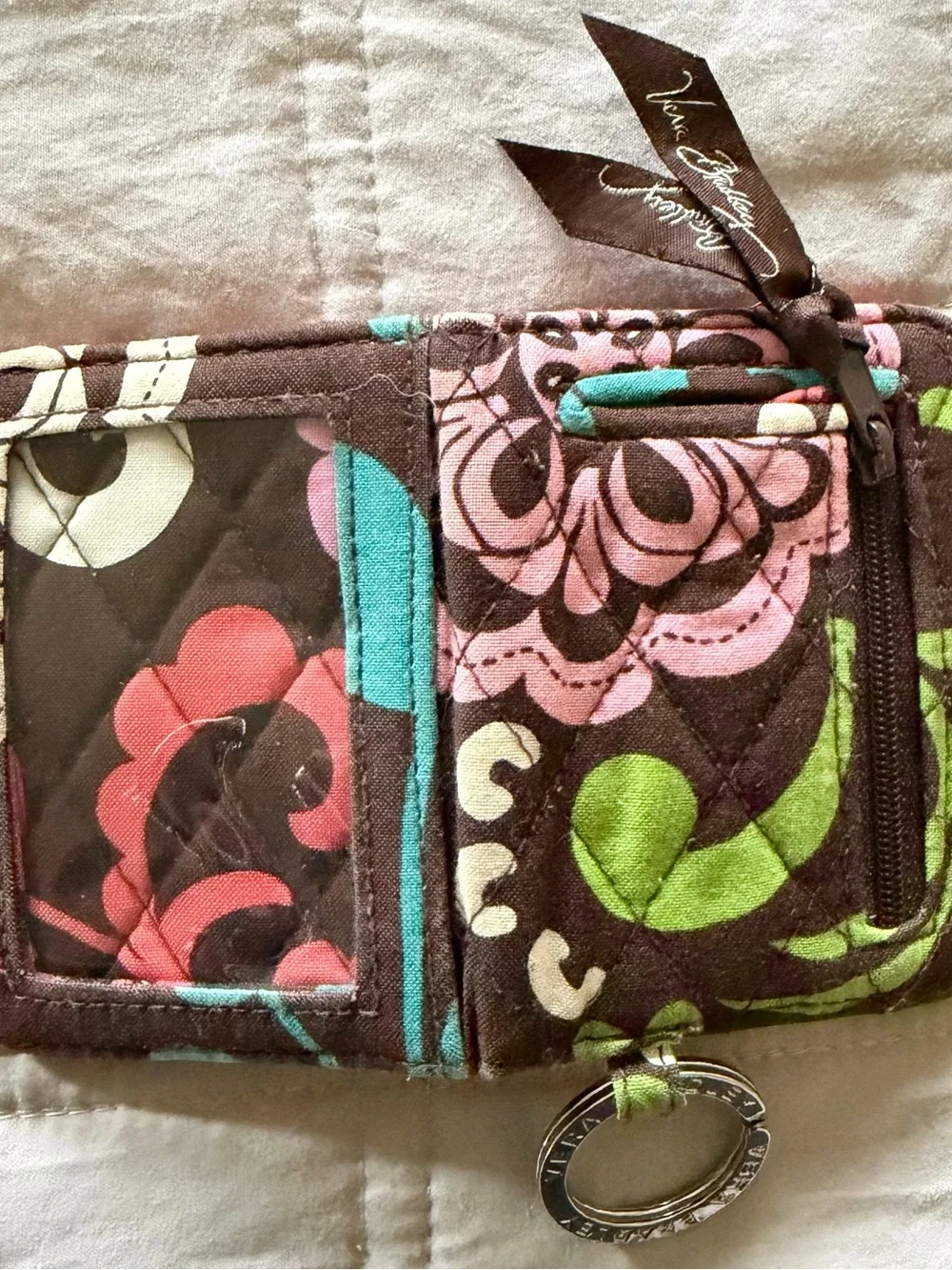 Vera Bradley Quilted Floral ID Wallet in Brown, Pink & Teal